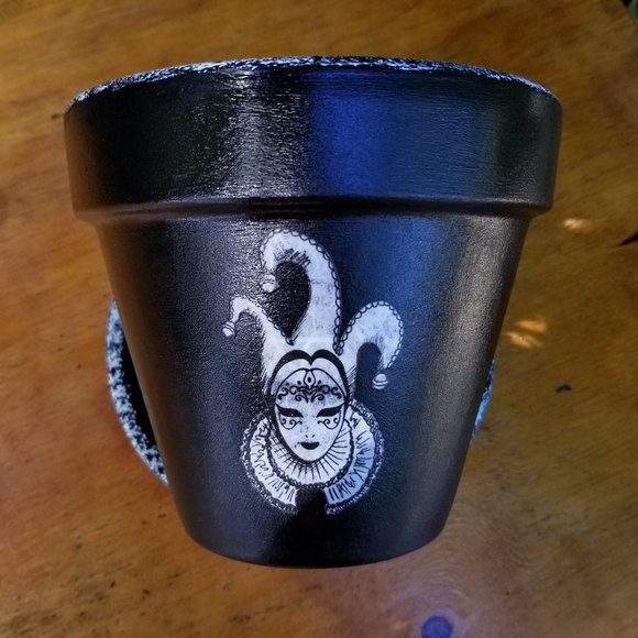 Hand Painted Black and White Speckled Trim 6" Flower Pot with Matching Saucer - Picture 2 of 10